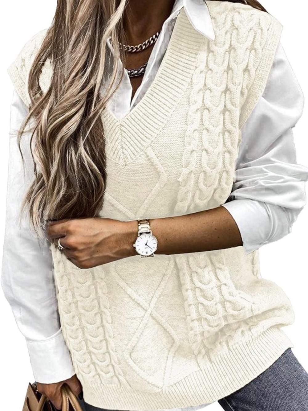 Amazon Cream Cable Knit V-Neck Sweater Vest